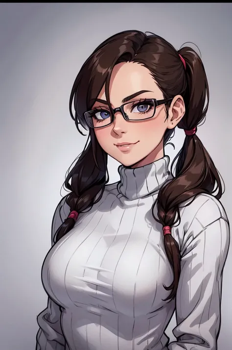 sexy nerd with pigtails, brunette, milf, mature, tight turtleneck sweater, portrait, smirk