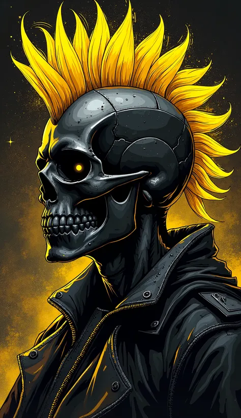 Comics style drawing.  Cyberpunk.  Evil black skull with golden mohawk. Black and gold background .  smartphone wallpaper