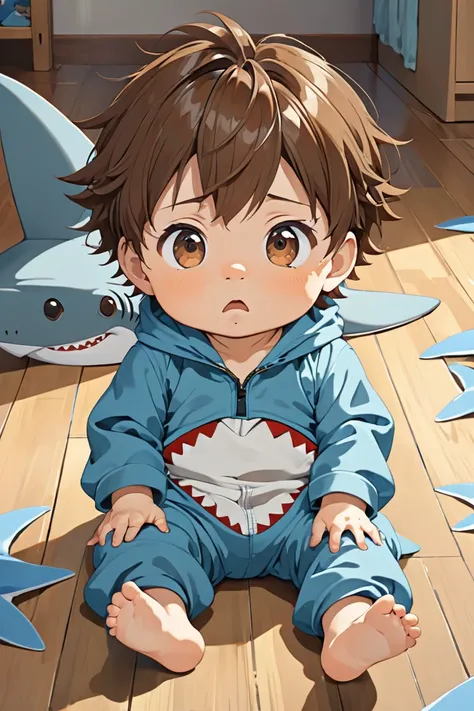  boy, little baby ,  messy brown hair,  brown eyes ,  shark jumpsuit ,  sitting on the floor , anime. 