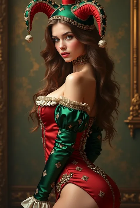  Girl with long light brown hair..  green eyes..  full lips..  medium sized breasts..  narrow waist.. culo perfecto..Disguised as a sexy jester