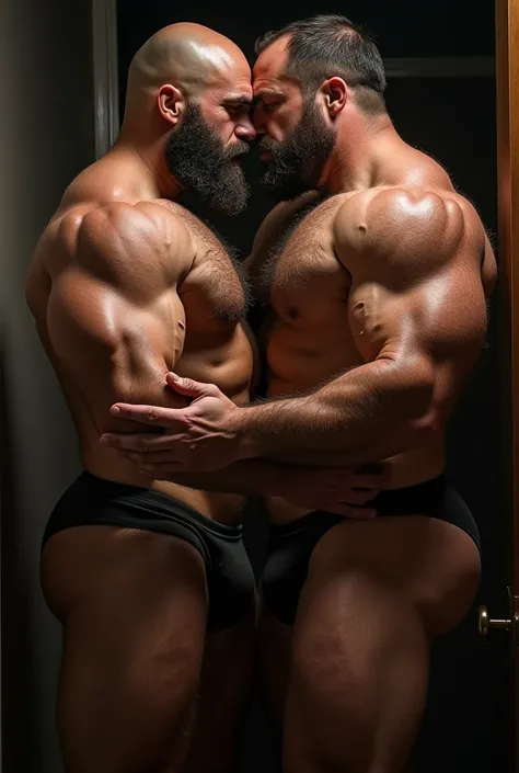 2 very very muscular hairy men, kissing each other. They have hair all over their chest, shoulders, arms and back and legs, they’re wearing gstring thongs and pressing up against each others cocks. They’re also squeezing each others asses