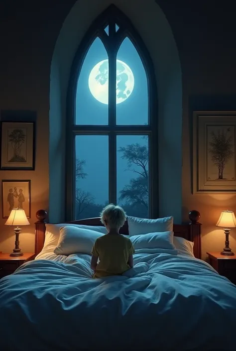 a large room, like the one in a castle ,  with a large bed and in it there is a blond boy sitting in it, with a look of astonishment,  as if it had awakened from a nightmare .  Outside the window we see the moon ,  because its a dark night .