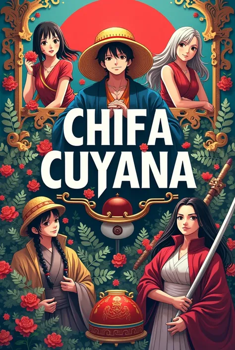 Put a text in the center of the image that says Chifa Cuyana and give it anime decorations such as One Piece and Kimetsu no Yaiba