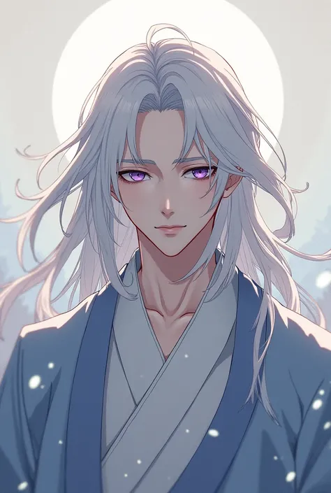 Homem 
Manga 
Long white hair
Violet eyes 
Traditional clothing 
delicate