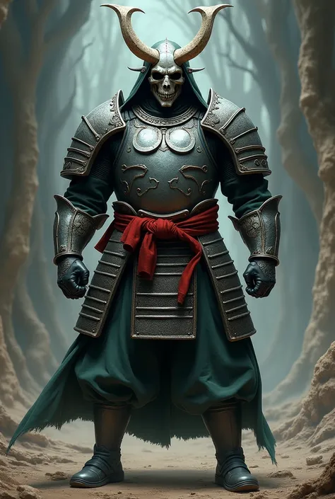 a man with gray metallic breastplate, skull helmet, black gauntlets, dark green hakama, red belt and gray boots in disney style 