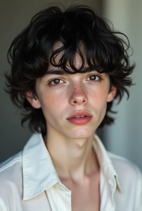 19-year-old boy with medium dark black hair and fringes,  dark and medium brown eyes , thick pink lips ,  slightly blushed cheeks ,  very pale white skin,  measures 1 ,90 m,  with an untidy white shirt ,  similar to Skandar Keynes , realistic