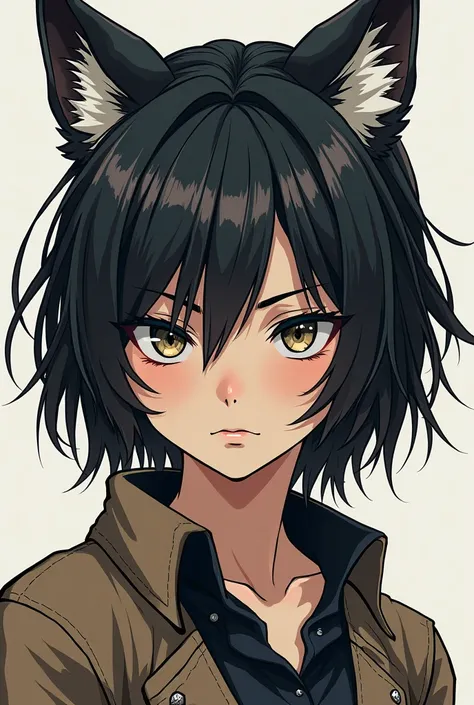 Manga comics style a girl with short hair , eyes sharp like a wolf and hair between layers 