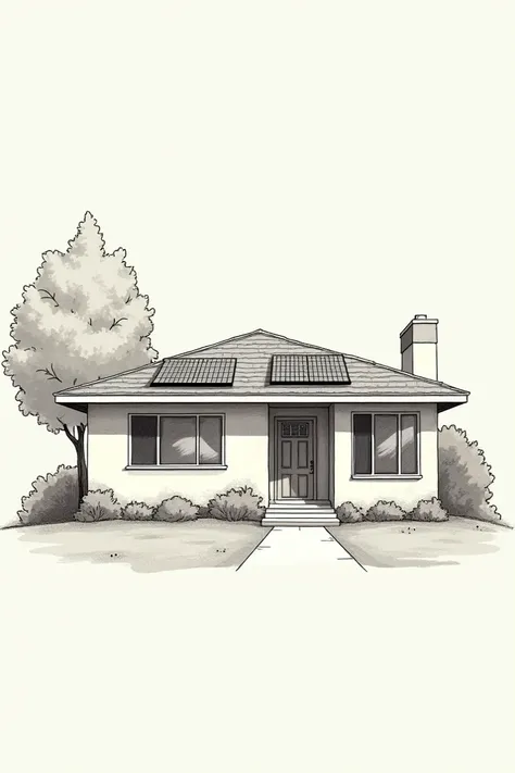 Help me with an image to draw of my house that is one-story and the front part is 2 large windows and in the middle the door and a mini patio before that door put solar panels on it The house is big but make it easy its for drawing 