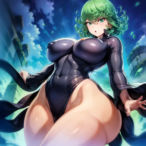 Tatsumaki ,  super busty , super big ass , super peirnas ,  transparent clothing , super short clothes , huge nipples , exposed legs, back and hips, marked ass and huge 