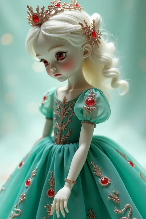 White doll , by the ruby, wavy, with turquoise green gown and cap 