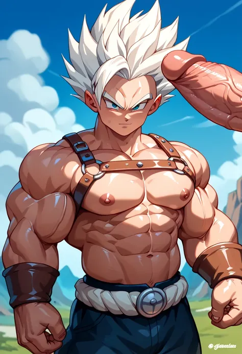  top quality,Anatomical, Big Muscles , Vegeta and Kogenta mix,Demon Body,Sexually attractive gestures,shiny skin, growing skin, taken over by the devil , He smiles wickedly ., armband, bracers,Harness,gigantic penis,