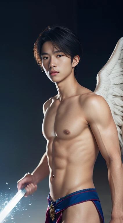 Crucifixion scene asian boy like Mighty Archangel Michael,19 years old, handsome, Full Body Shoot, Short Quiff hairstyle, (eyes contact), look at camera, detailed facial parts, Manly, with a muscular constitution :: high detail, is in holy white shining lo...