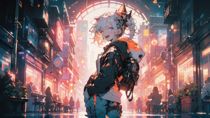 (masterpiece,  top quality:1.6), Alone, Bold outline, (pastel,  simple background holding clothes ,  bright orange background , monochrome,  bright orange theme :1.2), Official Art,  key visual , 8k, Cluttered , whole body, ( unique hair , Excessive hoodie...