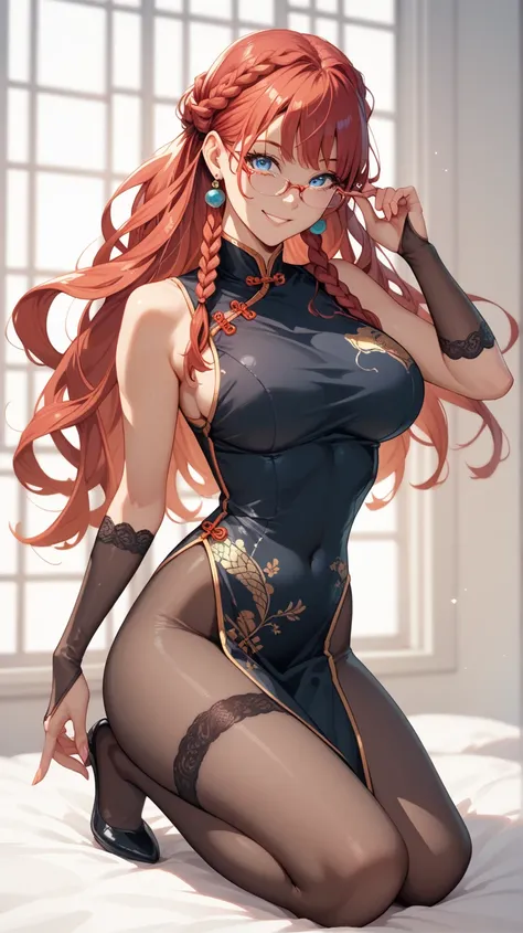  a girl, Alone,  long hair , breasts, smile,  red hair,  blue eyes , glasses, ecchi, breasts, Waifus, girl,  big breasts, sexy, Braided hair, hot,  full body, anime, black Chinese suit, medias negras 