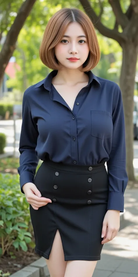 Gorgeous Thai woman. Bob curve in hair style, golden color. Innocent, youthful facial features. natural makeup with coral lipstick. Dark blue shirt opens top button. plain fabric, no pocket design. A black, high-waisted mini skirt with a pencil design, pla...