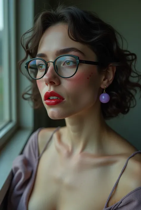 Slightly curly hair, rimless glasses, small spots under the corners of the mouth, / note lilac earrings, slightly closed mouth, red lips, breasts, large breasts, surrealism, high detail, strong chiaroscuro, film graininess, panorama, ultra high-definition,...