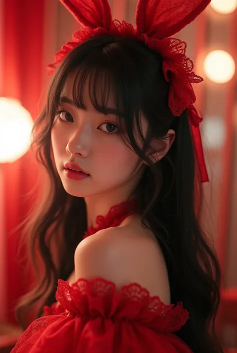  photograph a beautiful Japanese girl in ultra-realistic live action 。 She has long black hair 、 features shiny straight hair 。 has a red rabbit ear accessory on the hair 、 has a slightly mysterious and enchanting expression 。Her eyes are bright gray、The h...