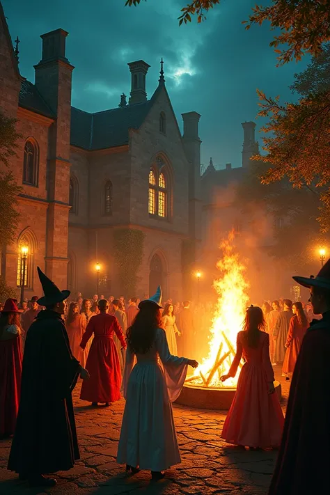  Celtic evening party at Trinity College.  Many young people dressed as wizards and fairies , Bonfire and lots of music .