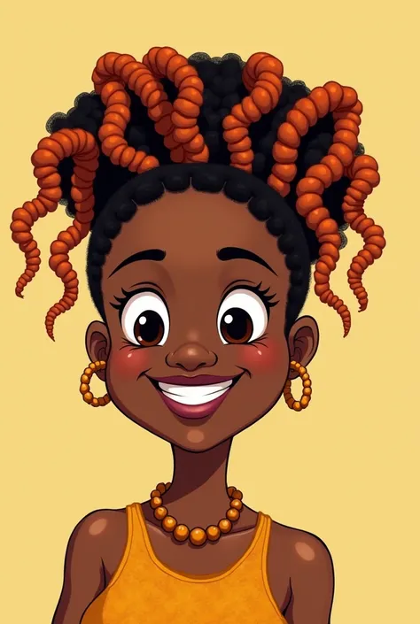 Create the cartoon-style cartoon of an adult black woman with a round chubby face with orange African braids 
