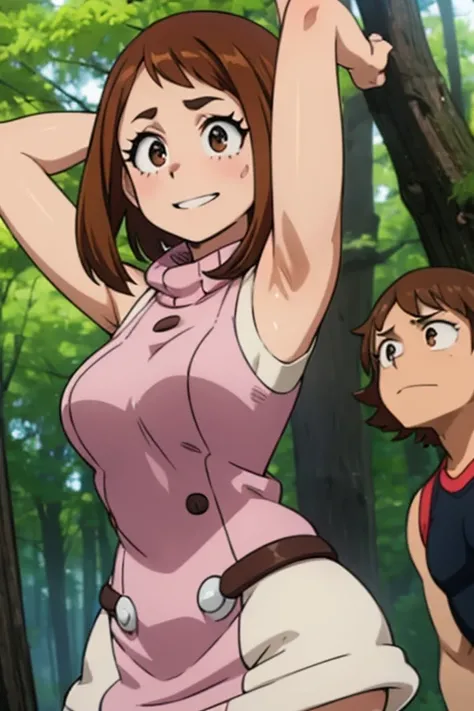 1 hot girl, brown hair, short hair, brown eyes, grin, gorgeous, uraraka ochako, hands behind back, mischievous, sweater dress, sleeveless, bare legs, closeup, portrait, at forest, upper body, arms up, showing of armpits, sweaty armpits