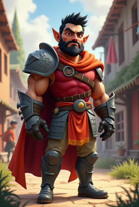 a thin man, black hair, big nose and black eyes wearing gray armor with a red overshirt, orange belt, a gray helmet, light gray pants and gray boots in pixar style 