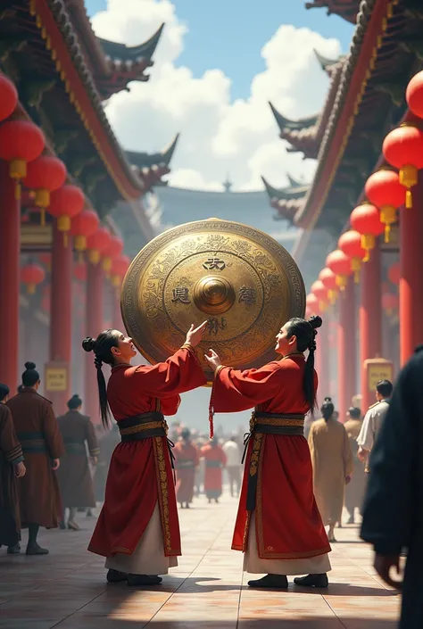 Scenes of ancient Chinese officials blaring the sound of a gong to clear the road