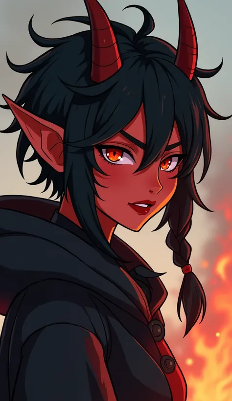 A 20-year-old demon in appearance,  with sharp horns, claws,  with a reddish complexion that lightens ,  black hair with details in red messy with spikes,  something long on the right side and a short braid ,  clothes adorned in dark colors ,  and a certai...