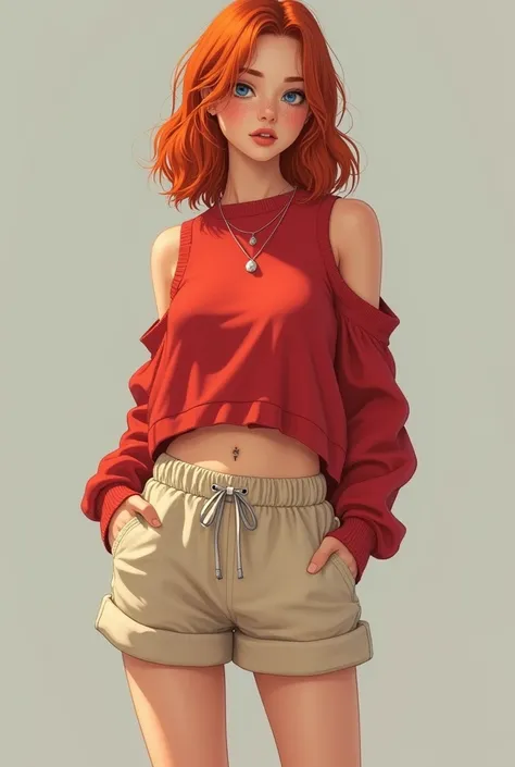 Real girl wearing a red sleeveless sweater. Navel. Beige sweatshorts. Blue eyes, ginger hair. (Full-body shot). Necklace, belly button piercing. Freckles. Sneakers.