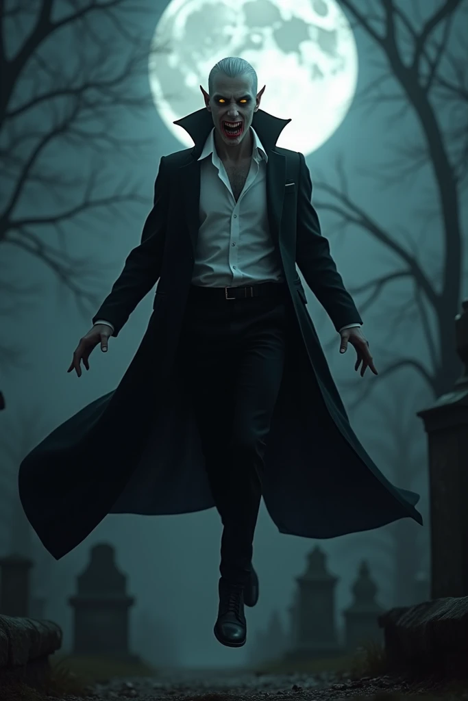 vampires,  extremely beautiful , pale, using a white dress shirt, under a black overcoat , yellow eyes,  pointy ears ,  sharp teeth with drops of blood , wearing black dress pants,  black dress shoes ,  in a cemetery at night and a super full moon,  floati...