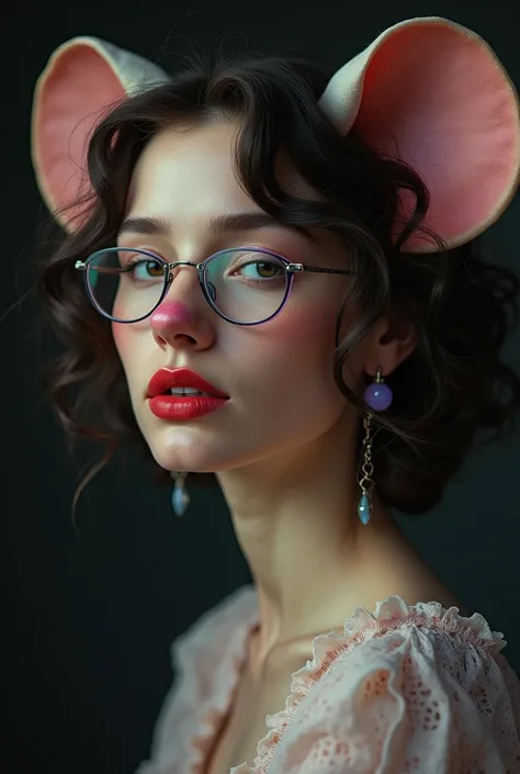 Slightly curly hair, rimless glasses, small spots under the corners of the mouth, / note lilac earrings, slightly closed mouth, red lips, breasts, large breasts, mouse ears, mouse tail, mouse nose, surrealism, high detail, strong chiaroscuro, film grainine...