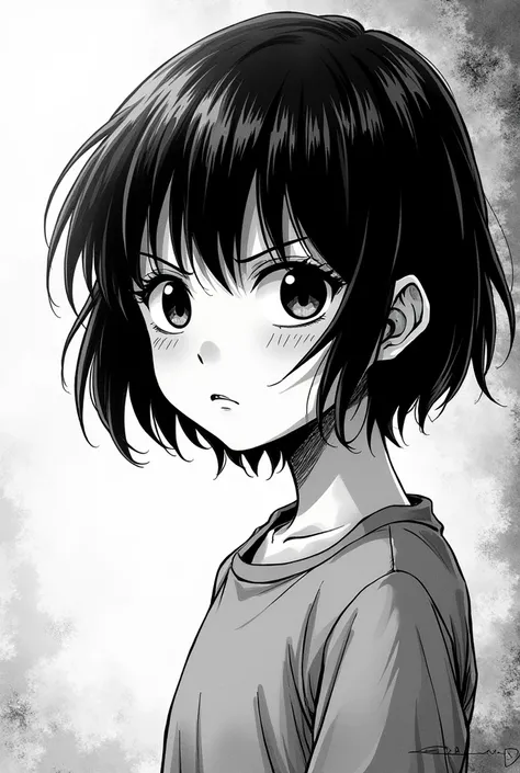 Black and white manga comics style a girl with short hair,sharp eyes interlayer hair 