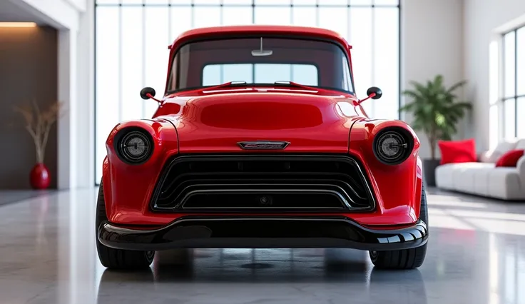 Create an ultra-realistic image of the 1955 Chevrolet bel air pickup car from the back views. The car has a large, imposing, and aerodynamic design with a glossy, vibrant red shiny exterior. The back view features a wide, aggressive grille with intricate b...