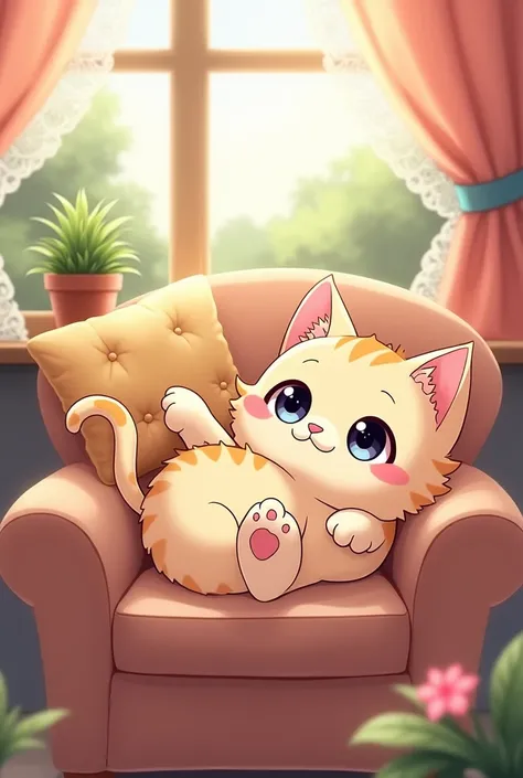  Make me a cat character relaxing . Make me anime style  