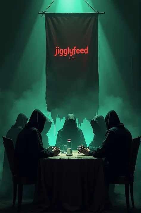 Discussion meeting evil theme with a banner with written JigglyFeed on it