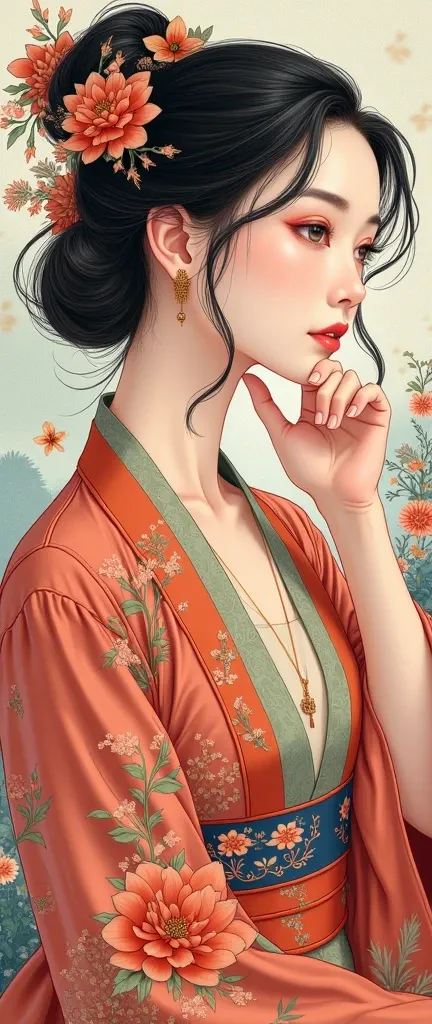  bright colors , BEAUTIFUL STYLE ,  High Quality Illustration , Detailed illustration of female chin rest position in northern China , Elegant painting,  clothing and facial features.