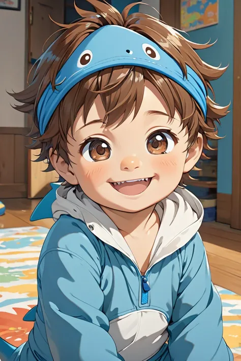  boy, little baby , smiling,  messy brown hair,  brown eyes ,  shark jumpsuit , blue headband, anime. 