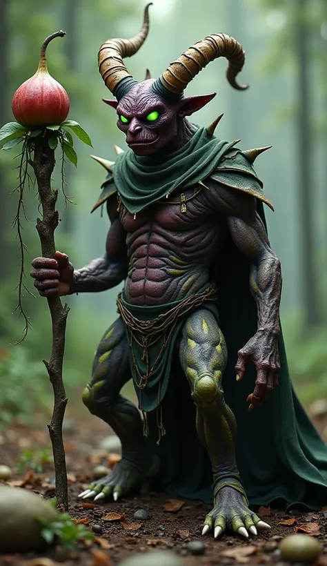 Create 32k ultra-realistic, masterpiece art of a dangerous fighting hybrid fusion between Loki, figs, and potatoes. This creature has Loki’s cunning and agile form, but its skin is adorned with dark, textured fig-like patterns, blending deep purples and gr...