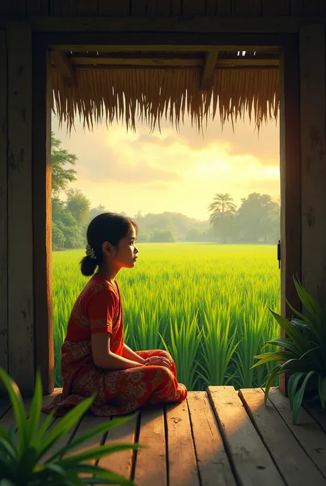 an indonesian girl sitting in the hut at the rice field, cinematic, matte painting, highly detailed, cgsociety, hyperrealistic, --no dof, --ar 16:9