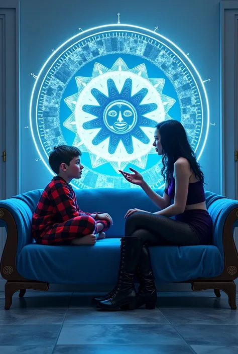  In a space Holographic is there a modern sofa completely covered with a blue mandala towel that depicts an esoteric black sun with a face

A young Italian boy with short hair sits opposite each other on the couch, fair complexion ,  with hair and dress as...