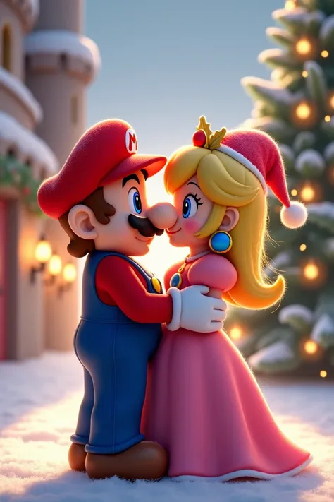 Mario kissing the princess on the cheek, with Christmas hat  