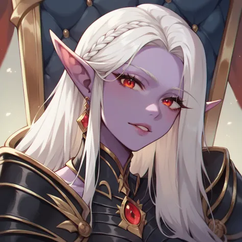 A female purple skin elf with red eyes and white hair. They look at you with sinister look. They are sitting in a throne chair. They are wearing full black armor. Close up