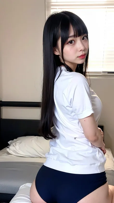 alone、high school girl、kawaii,Natural body shape、White skin、Whitening、Natural Makeup、(Black Hair:1.2)、(bangs)、(Straight Long Hair)、(short sleeves),(dark blue buruma:1.5)(old Japanese white Gym Uniform:1.5)(Bedroom:1.3)、(looking at the camera:1.3)(back shot...