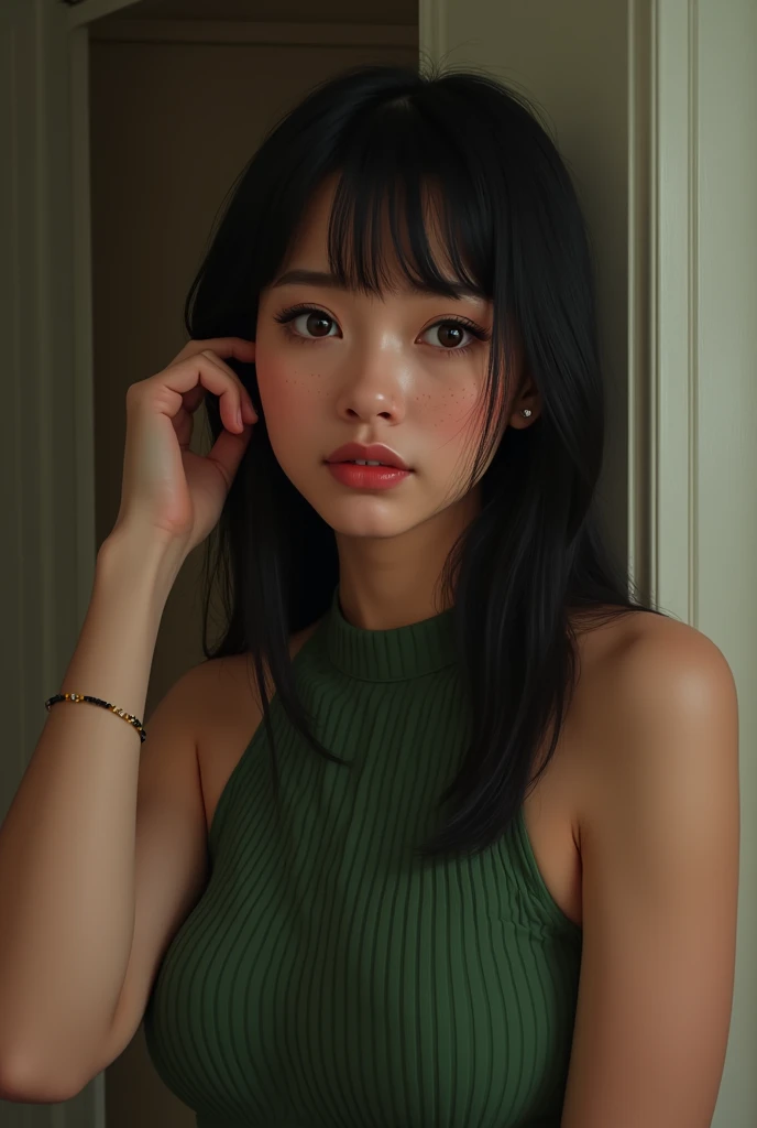  Create a realistic image of a woman with straight black hair ,  light brown skin, rounded face with soft freckles ,  well-defined eyebrows and full lips .  She is wearing a sleeveless green blouse made of ribbed fabric ,  with a simple background that ref...