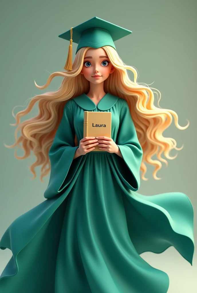  Beautiful white girl full body animation with long hair, blonde and wavy,  dressed for graduation with a turquoise green gown and cap , holding a book with the name Laura  