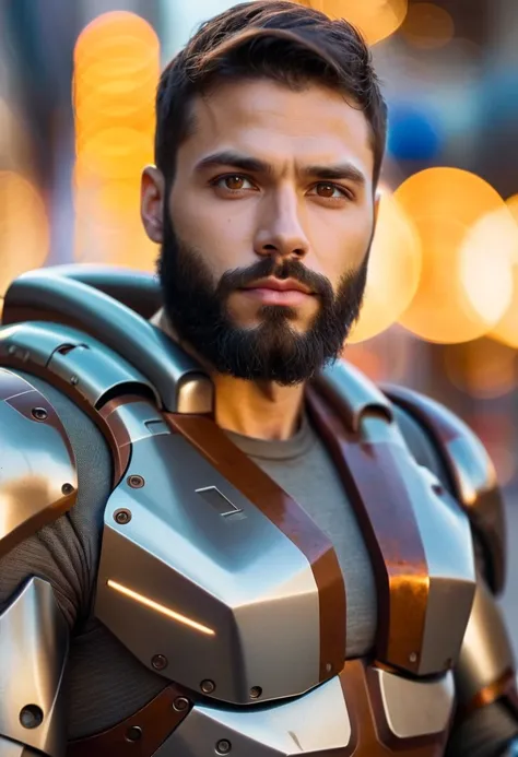 Portrait photo of muscular bearded guy in a worn mech suit, ((light bokeh)), intricate, (steel metal [rust]), elegant, sharp focus, photo by greg rutkowski, soft lighting, vibrant colors, (masterpiece), ((streets)), (detailed face:1.2), (glowing dark brown...