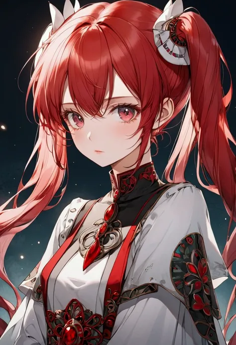 Only face to be shown, beautiful anime woman, red hair, long twintails, wearing light warrior costume, in her 20s 