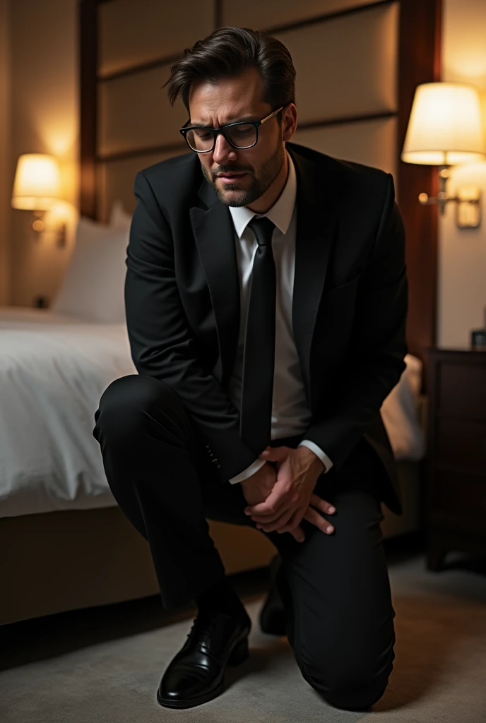 In the hotel room，Sexy and charming Italian with glasses。 mans crotch testicles hurt a lot，Kneeling on the ground，Two hands hold the testicles at the crotch，grab the crotch testicles with both hands。Black leather shoes，Black socks，Black suit， black tie。