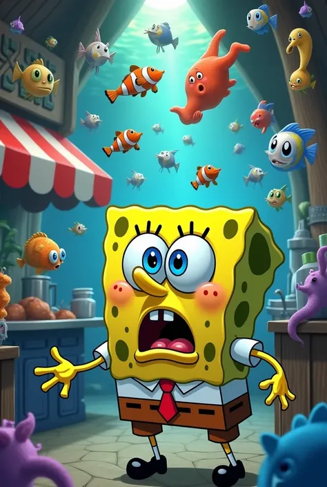 draw spomgebob scared in krusty krab and many fishes floating make the fishes from spongebob