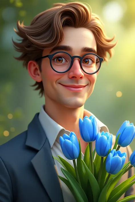 Create my ideal type of man :
 Light brown hair
Brown eyes 
White skin 
Height 1,80
Of glasses 
Wavy hair 
Smiling
With a bouquet of blue tulips
Without a beard