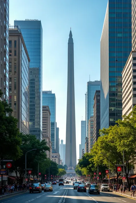 (Bangkok monument scene), bustling city atmosphere, (tall skyscrapers), vibrant streets filled with (cars), lively pedestrians (walking on sidewalks), under a (clear blue sky), dynamic urban life, warm sunlight casting distinct shadows, intricate architect...